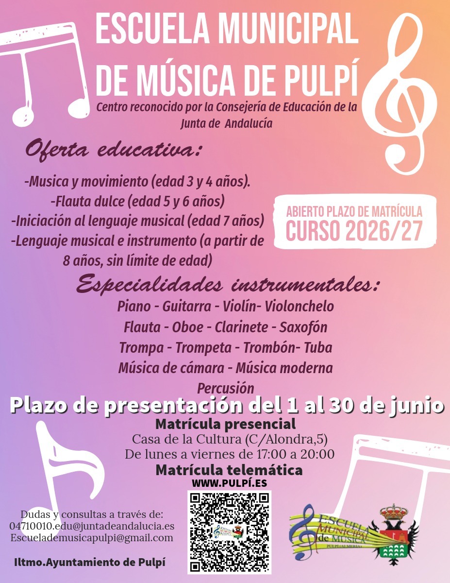ABIERTO PLAZO INSCRIPCION ESCUELA MUNICIPAL DE MÚSICA DE PULPÍ